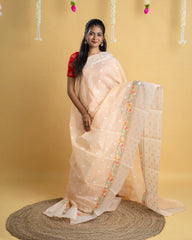 Tissue Linen Saree with Fancy Border & Meena Flower Embroidery