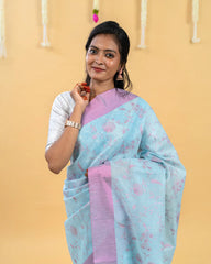 SC4000 - Tissue Linen Saree With Pink Embroidery All Over