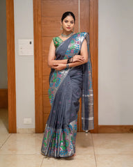 SC7500 - KHADI COTTON WITH SILVER ZARI PEACOCK PRINTED SAREE