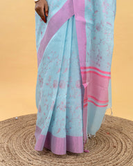 SC4000 - Tissue Linen Saree With Pink Embroidery All Over