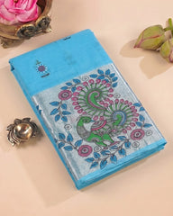 SC7500 - KHADI COTTON WITH SILVER ZARI PEACOCK PRINTED SAREE