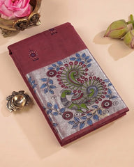 SC7500 - KHADI COTTON WITH SILVER ZARI PEACOCK PRINTED SAREE