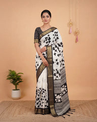 SC5734(3) - TRENDY DOLA SILK SAREE WITH LEAF WHITE WITH BLACK BORDER