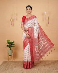 SC5734(5) - TRENDY DOLA SILK SAREE WITH SMALL BUTTI WHITE WITH RED BORDER