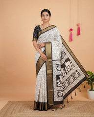 SC5734(6) - TRENDY DOLA SILK SAREE WITH KODI FLOWER WHITE WITH BLACK BORDER