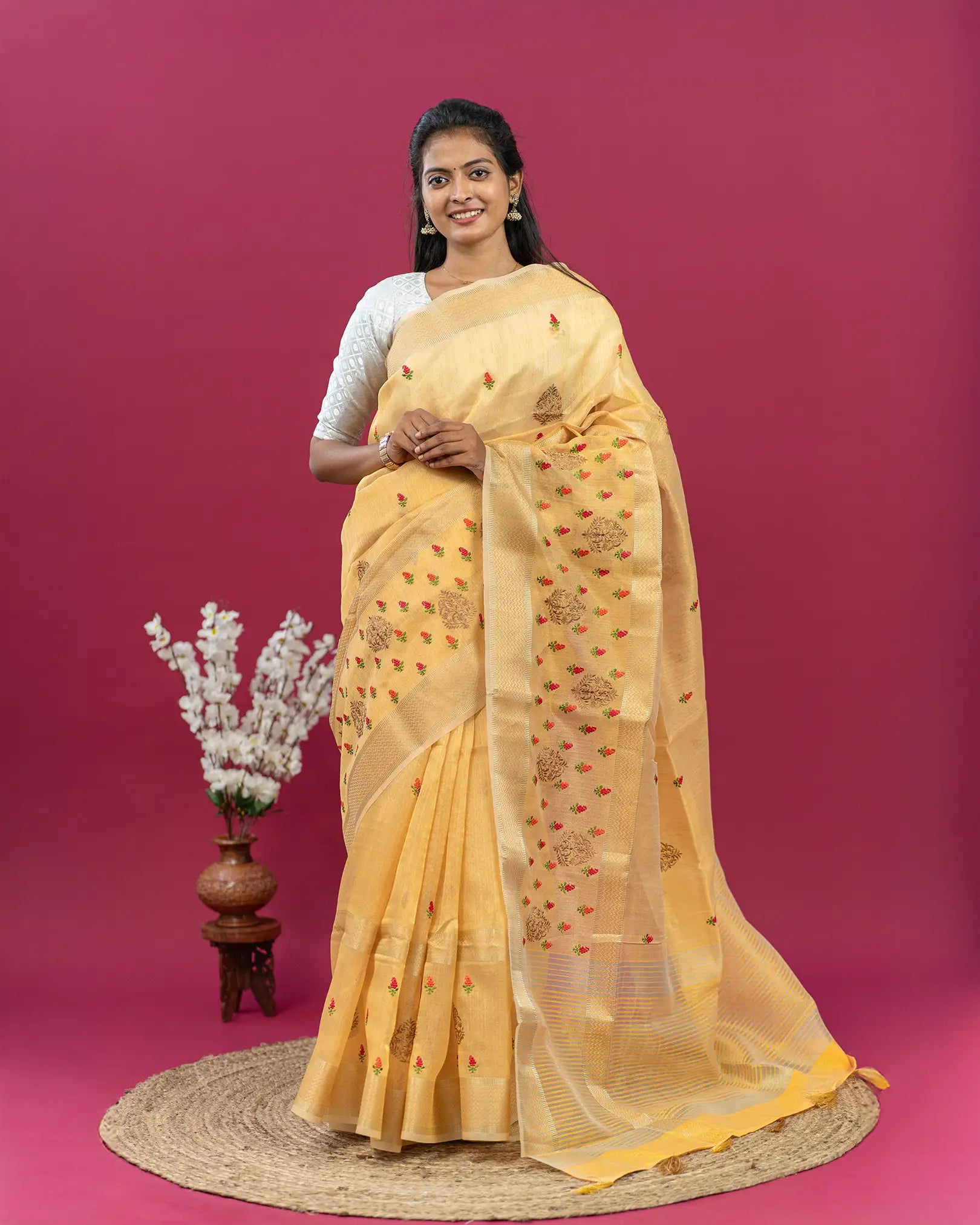 SC3119 - Linen Embroidery Saree with Meena Work