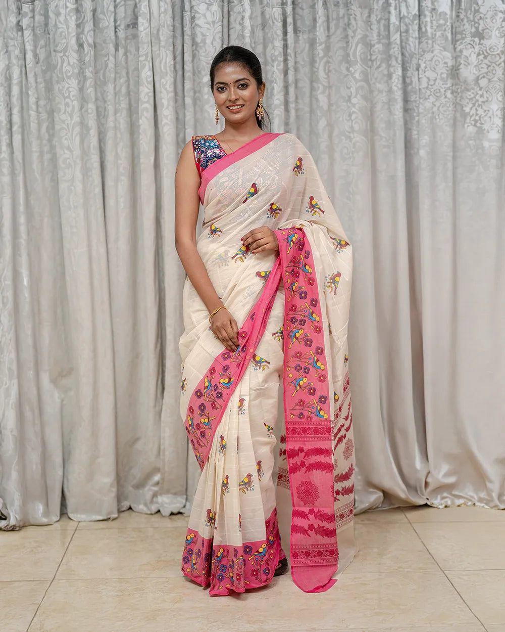 SC7503 - KHADI COTTON PARROT PRINTED SAREE