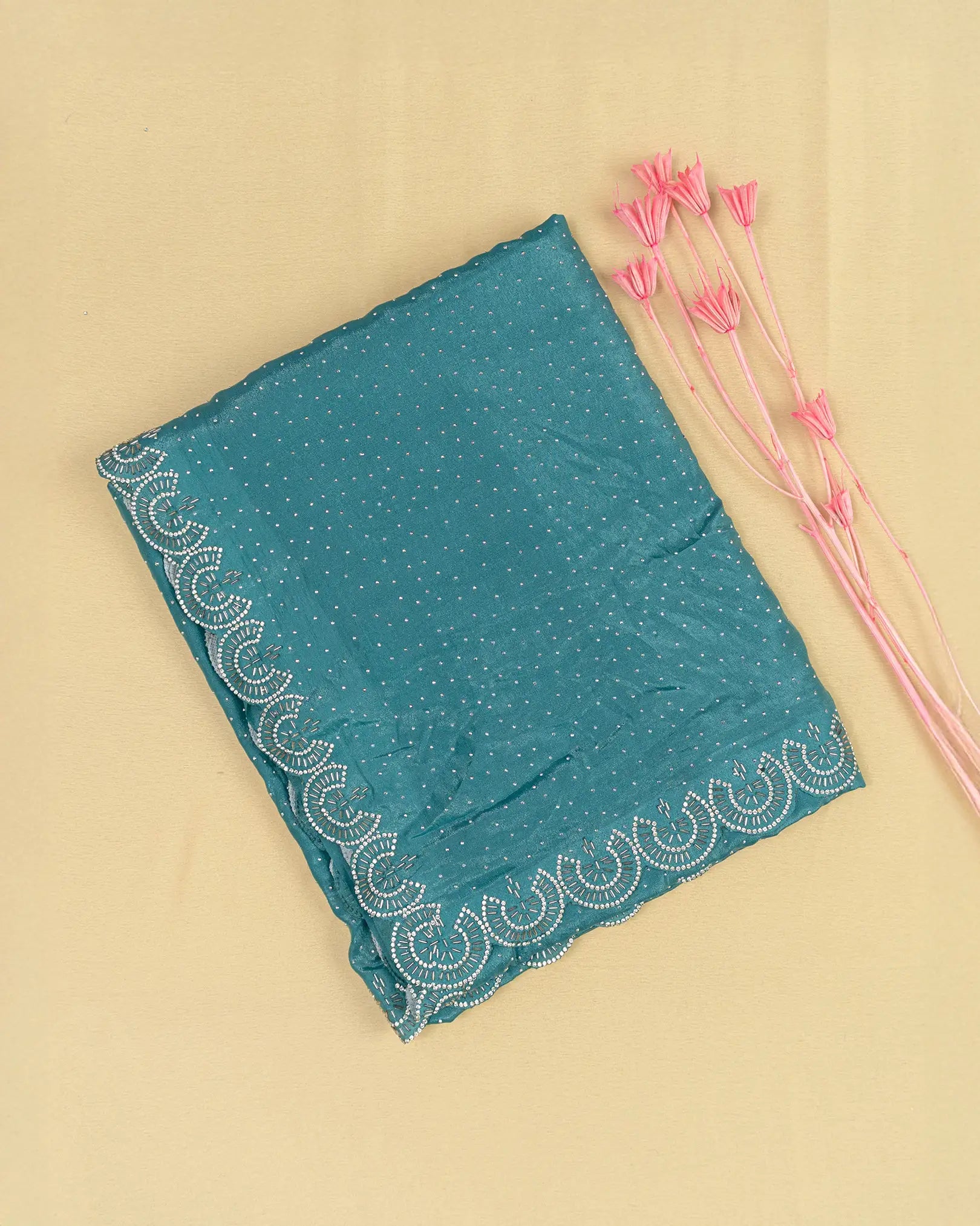 SC3452 - Fendy satin with silver stone and jarjoshi work along border