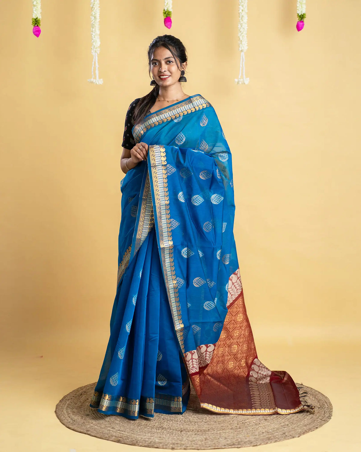 Silk Cotton Saree with Copper and Thread Work