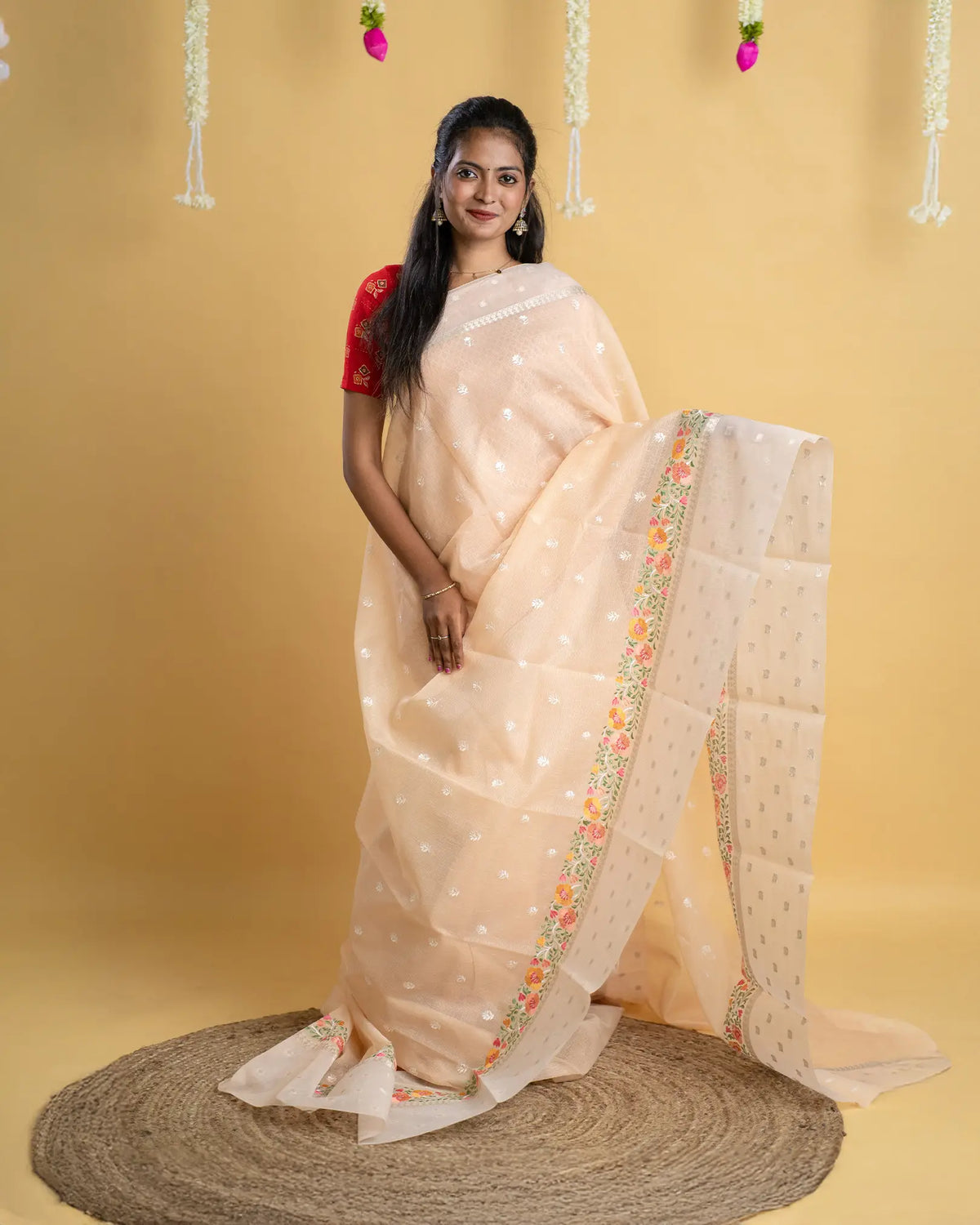 Tissue Linen Saree with Fancy Border & Meena Flower Embroidery
