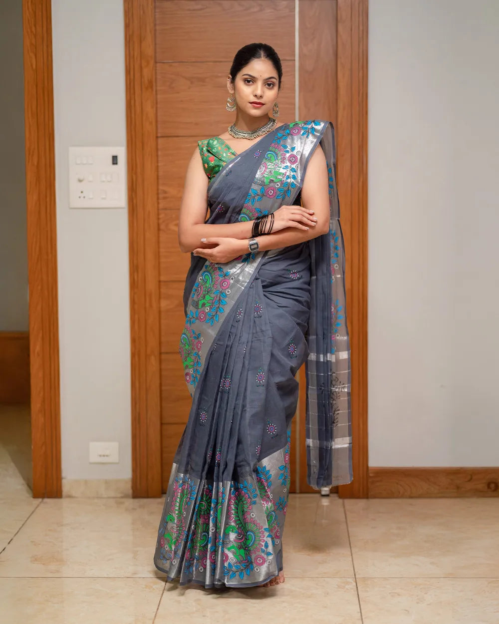 SC7500 - KHADI COTTON WITH SILVER ZARI PEACOCK PRINTED SAREE
