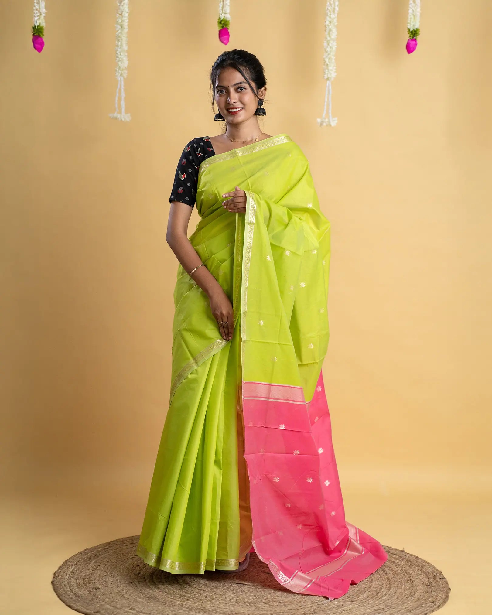 Silk Cotton Saree with Gold Border Work