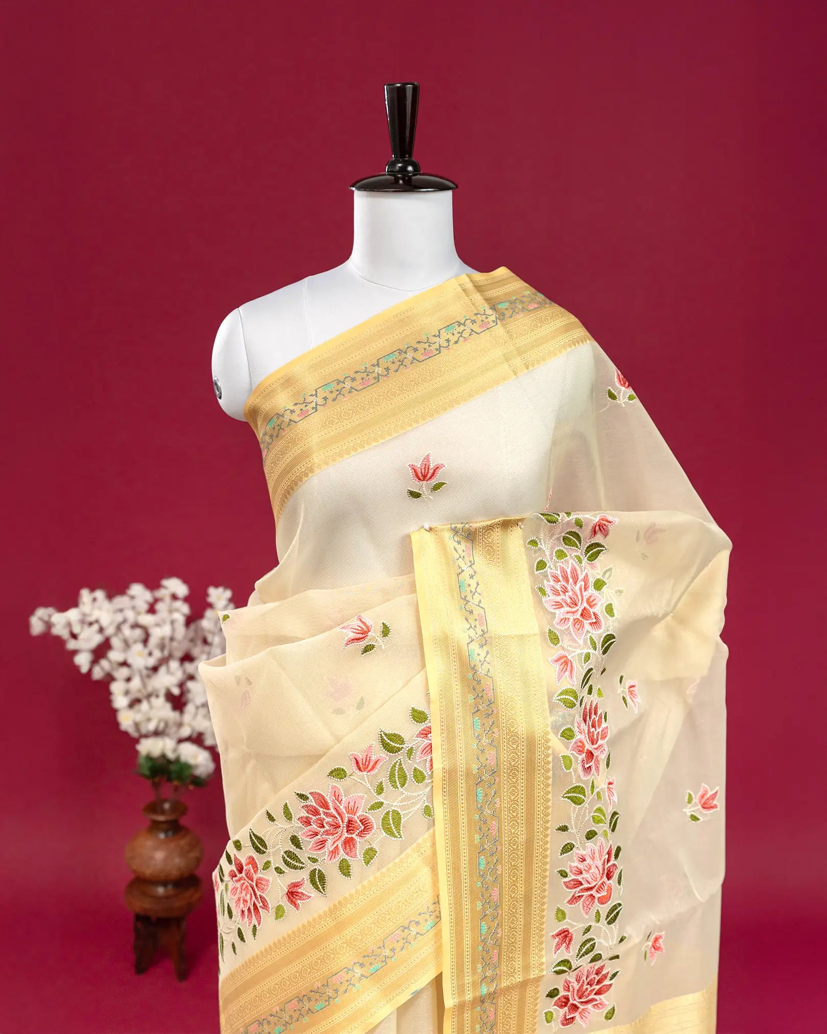 SC4063 - Tissue Saree With Rich Embroidery And Meena Butta Along Border