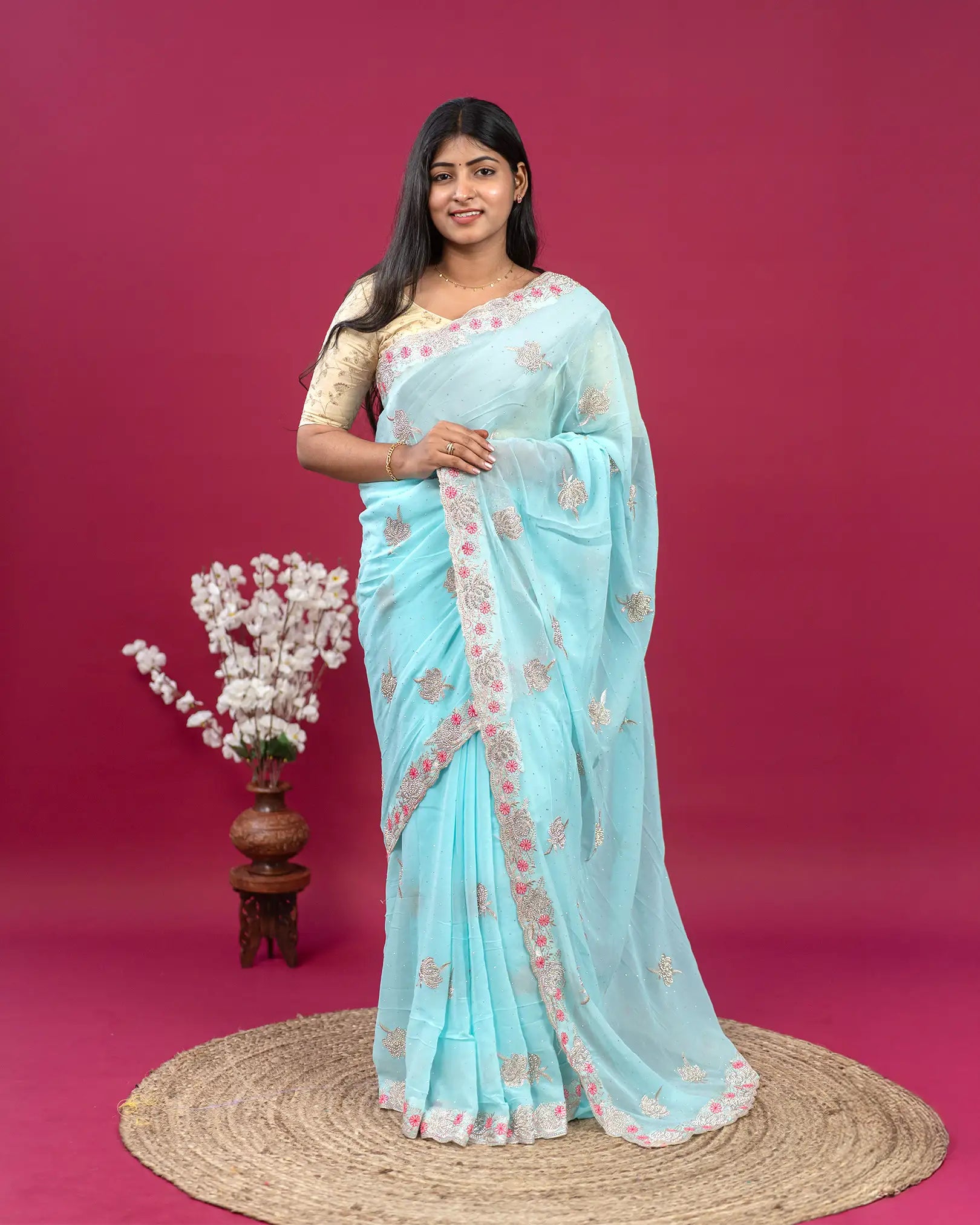 SC3994 - Georgette With Embroidery And Handwork Stone