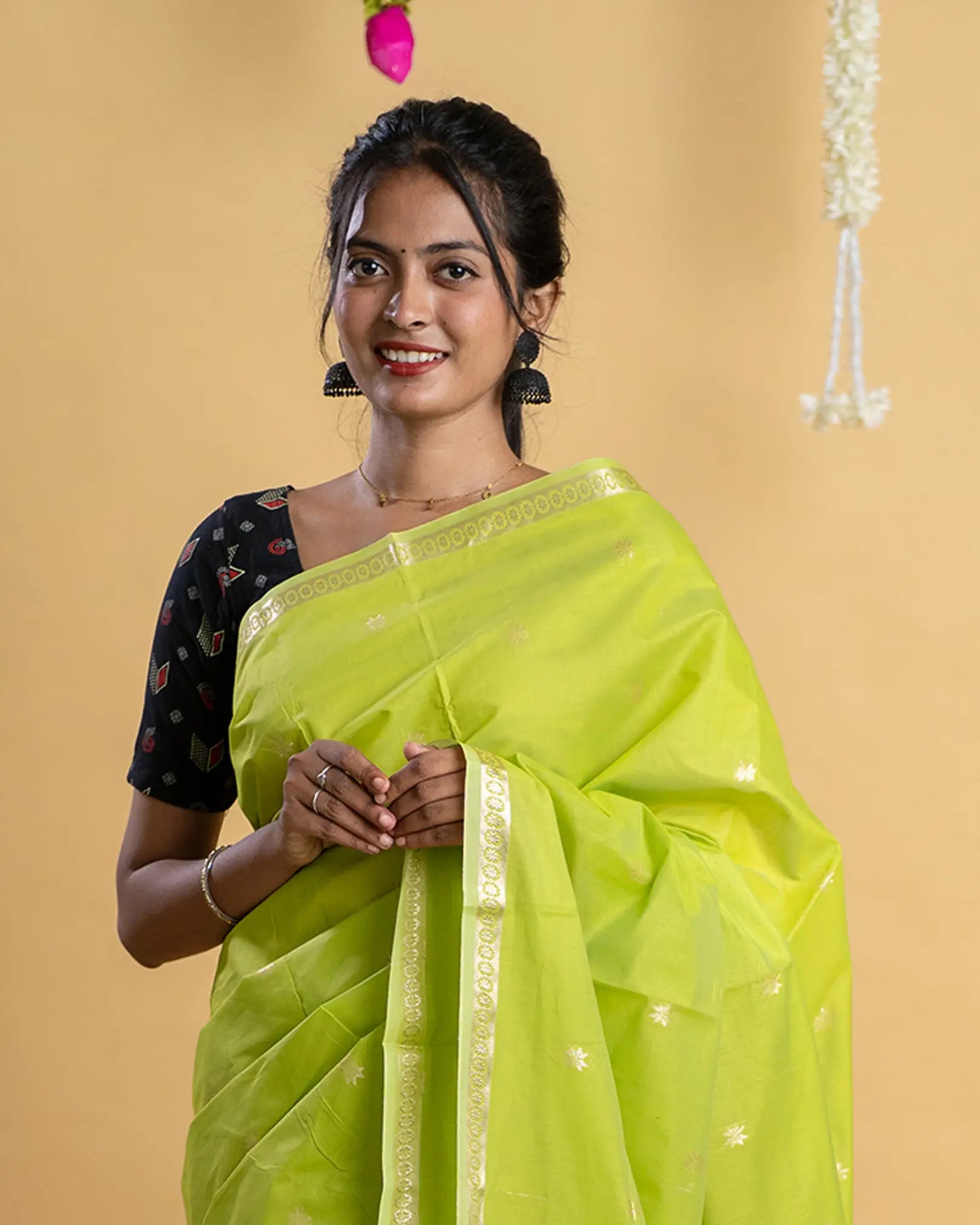 Silk Cotton Saree with Gold Border Work