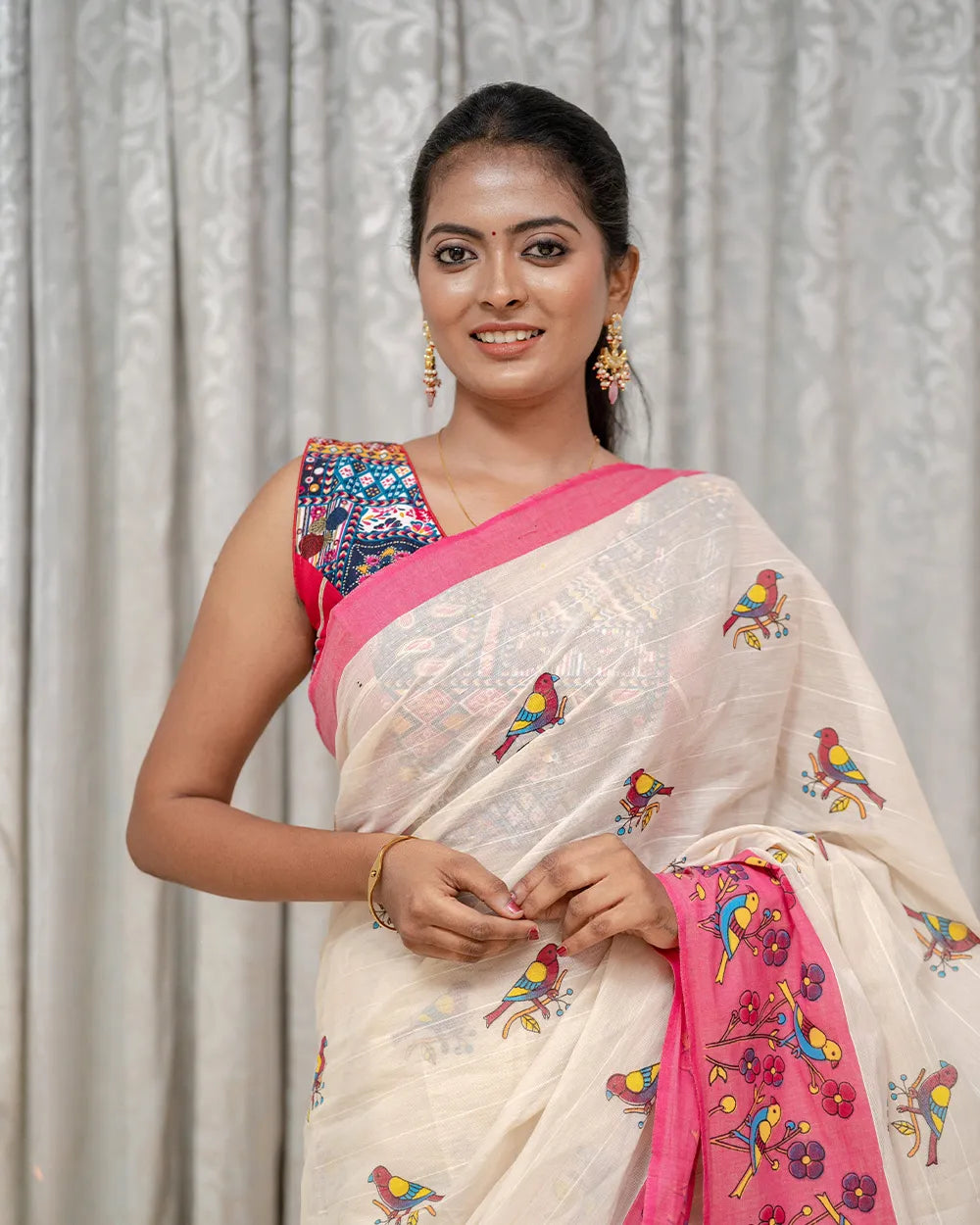 SC7503 - KHADI COTTON PARROT PRINTED SAREE