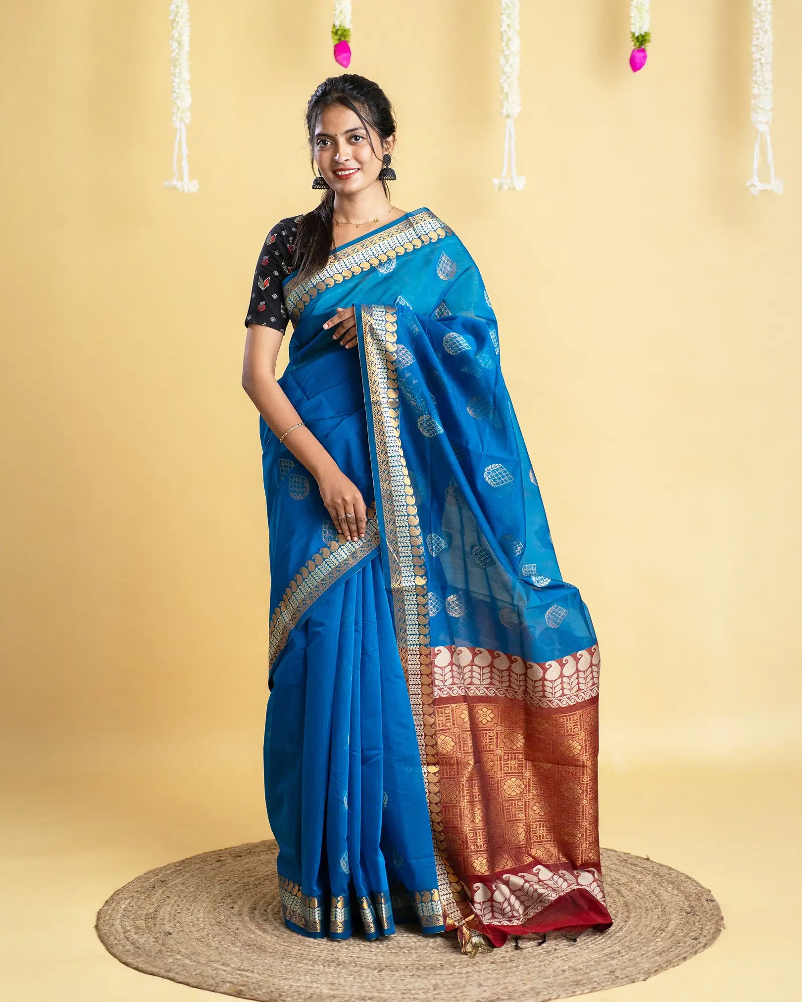 Silk Cotton Saree with Copper and Thread Work