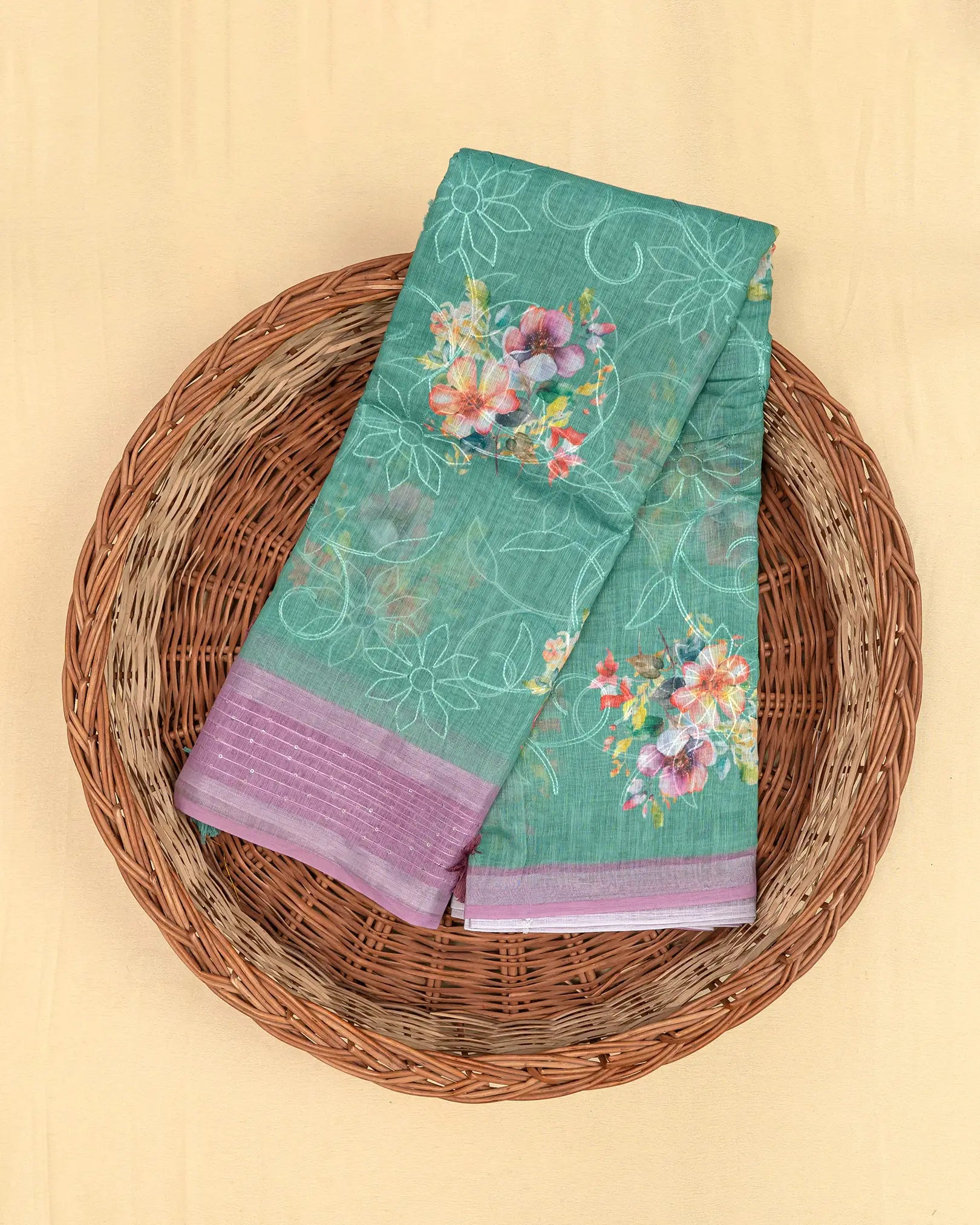SC3146 - Linen Saree With Digital Print And Full Body Embroidery