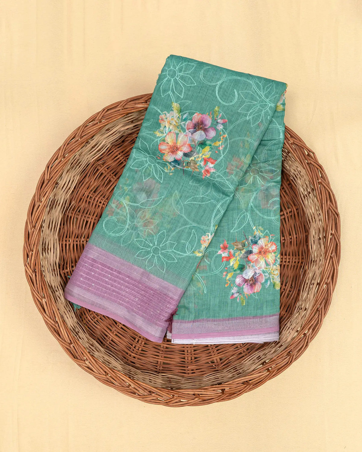 SC3146 - Linen Saree With Digital Print And Full Body Embroidery