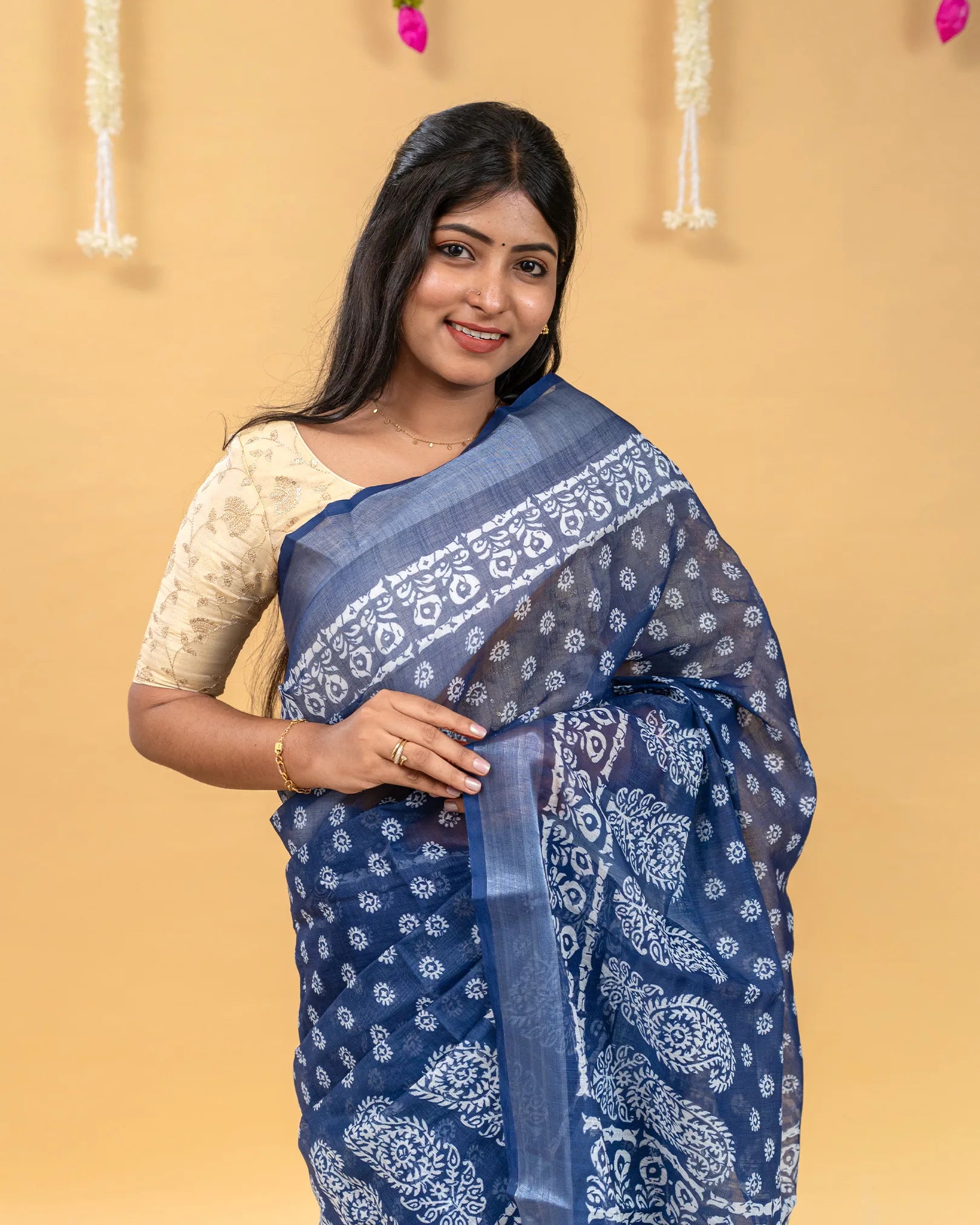 SC3967 - Indigo Blue Linen With Bandhini Print