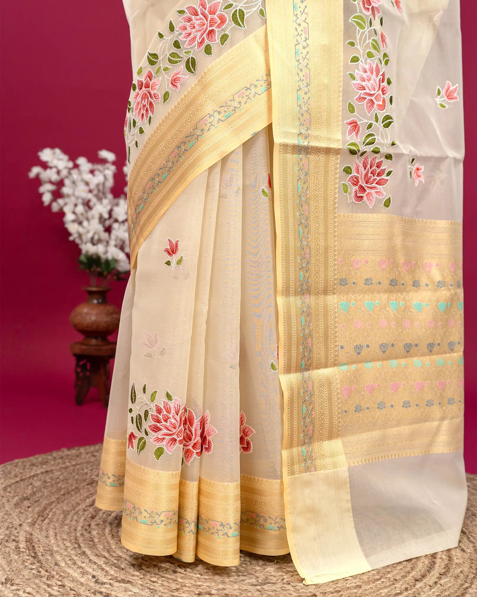 SC4063 - Tissue Saree With Rich Embroidery And Meena Butta Along Border