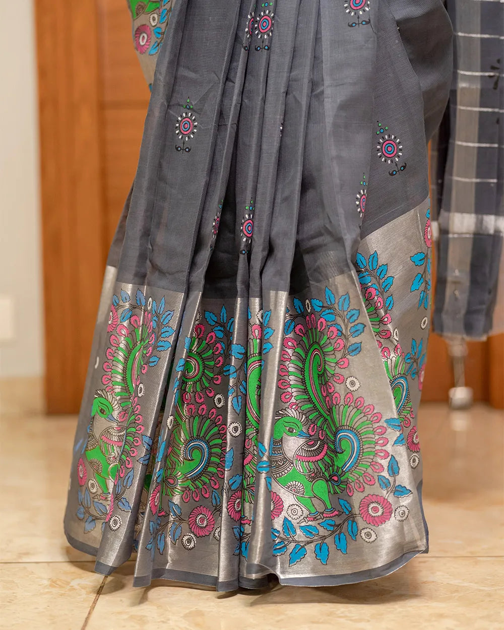 SC7500 - KHADI COTTON WITH SILVER ZARI PEACOCK PRINTED SAREE