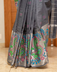 SC7500 - KHADI COTTON WITH SILVER ZARI PEACOCK PRINTED SAREE