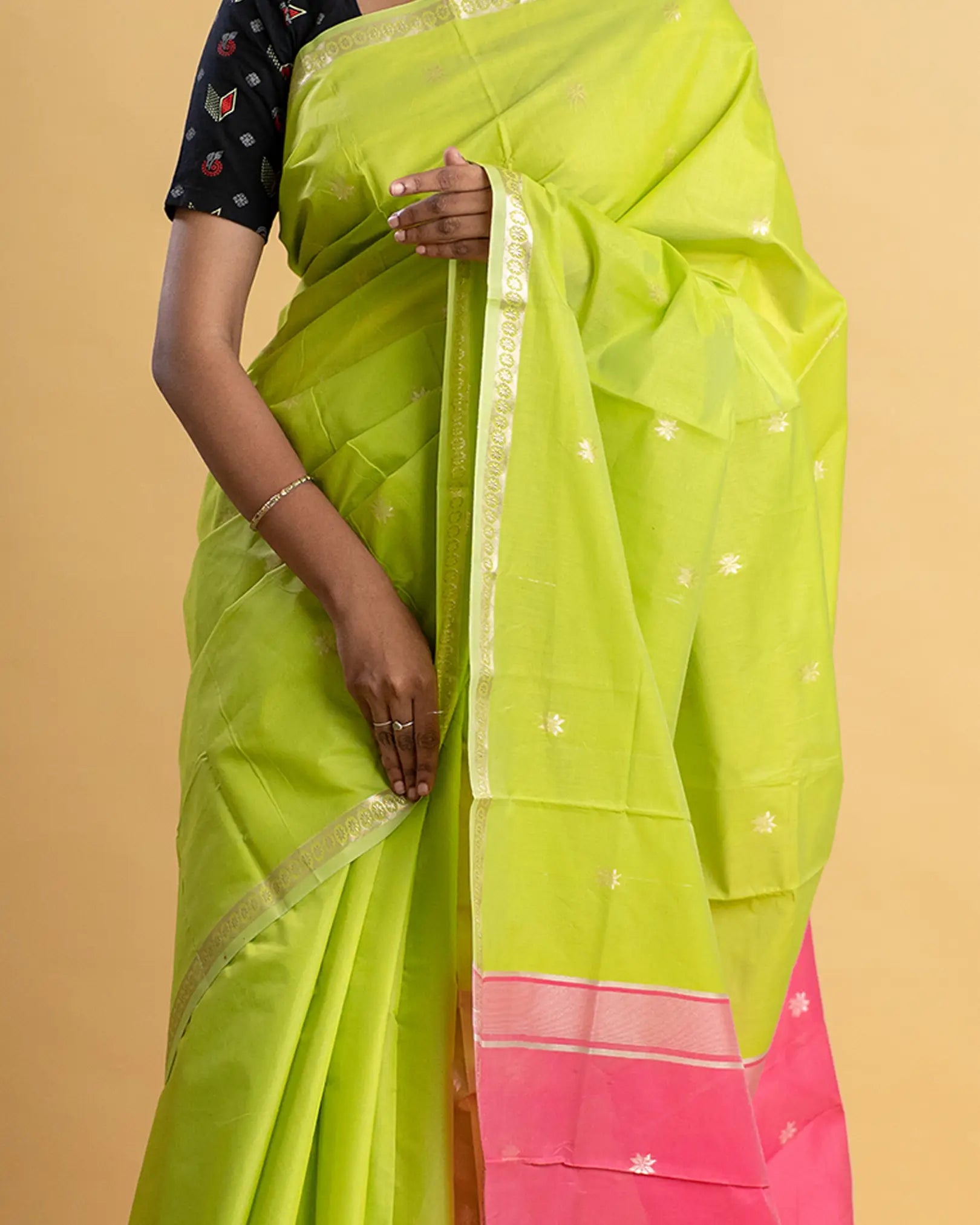Silk Cotton Saree with Gold Border Work