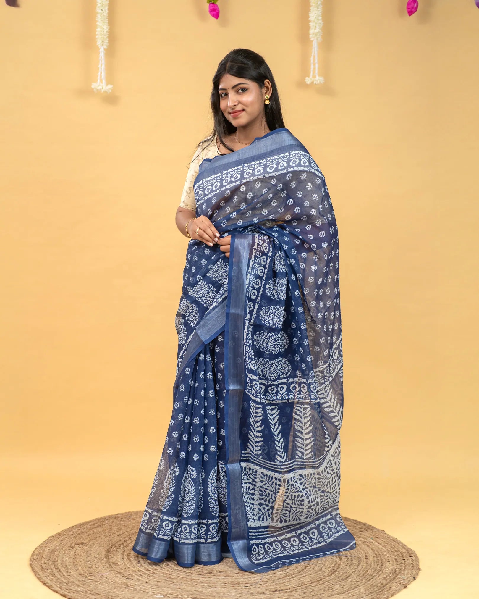 SC3967 - Indigo Blue Linen With Bandhini Print