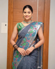 SC7500 - KHADI COTTON WITH SILVER ZARI PEACOCK PRINTED SAREE