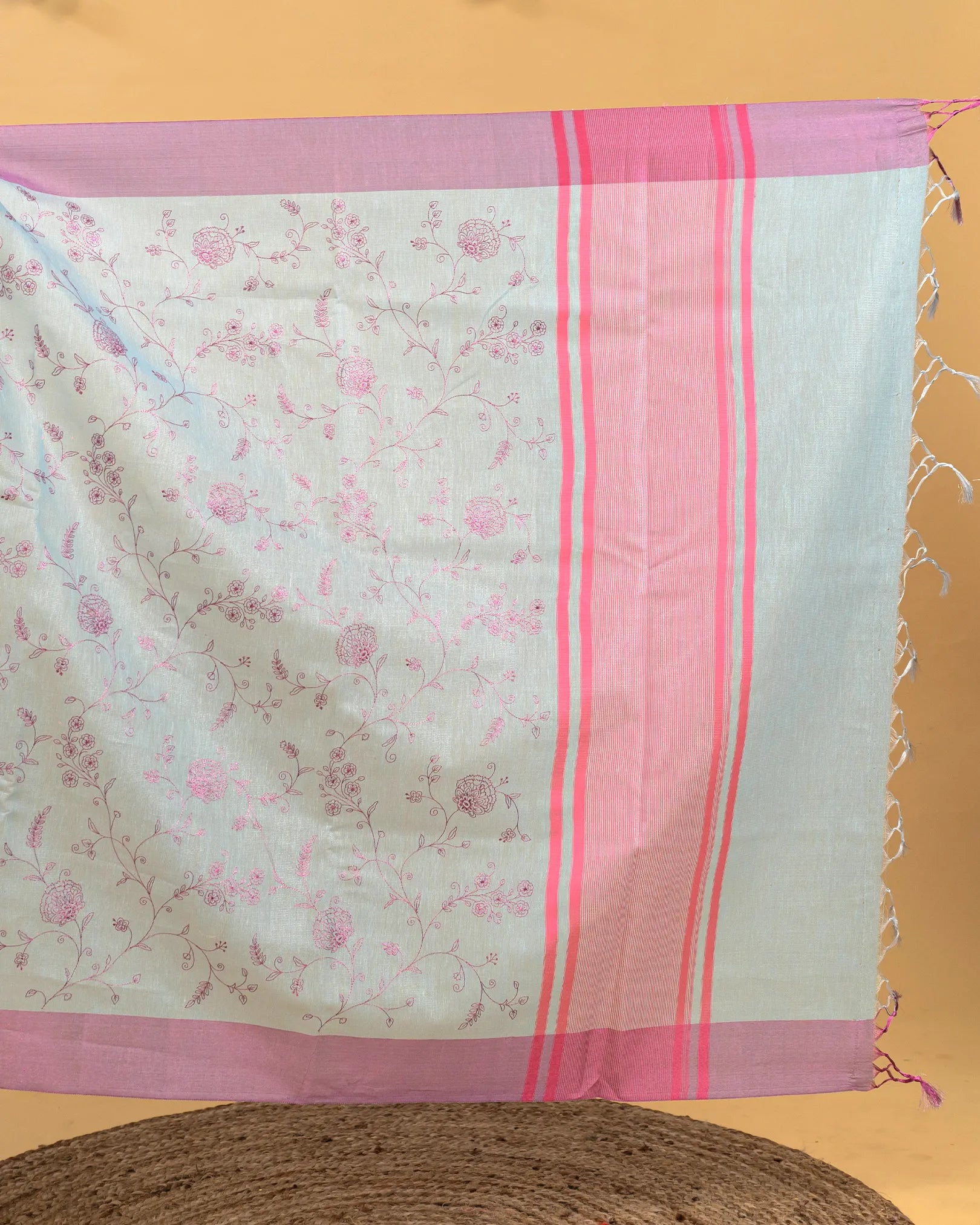 SC4000 - Tissue Linen Saree With Pink Embroidery All Over
