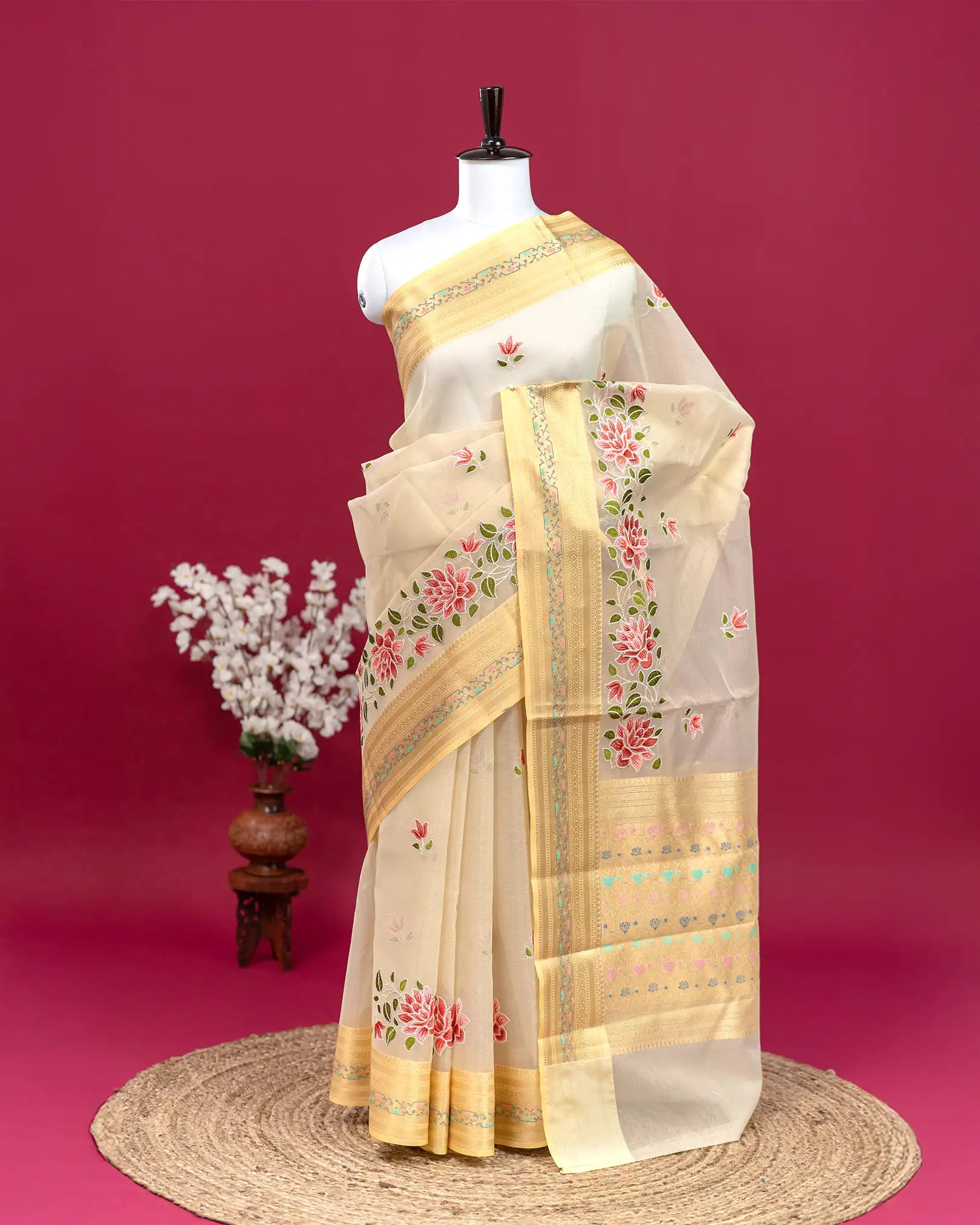 SC4063 - Tissue Saree With Rich Embroidery And Meena Butta Along Border