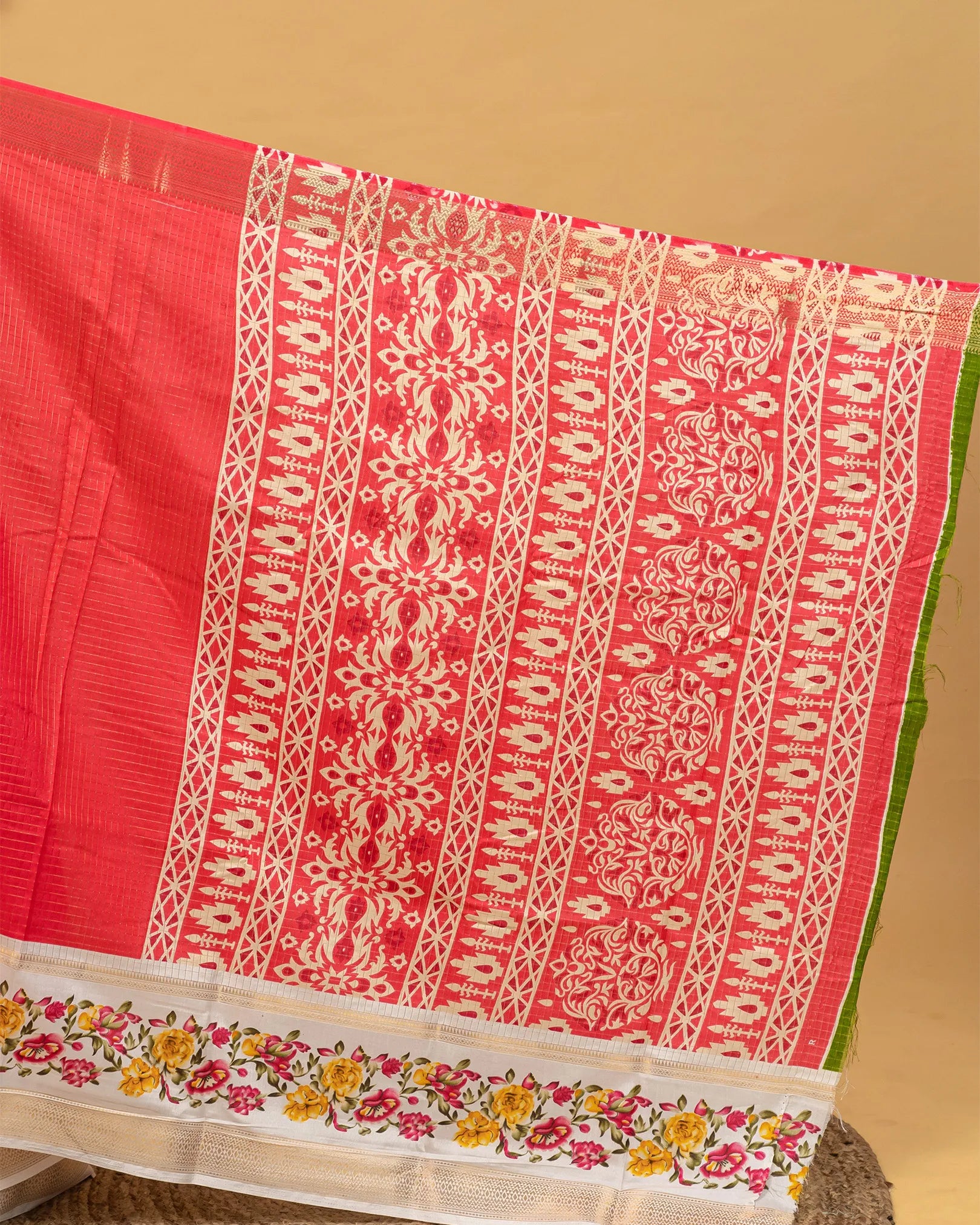 SC3661 - Dola Silk Saree Checked Body With White Border