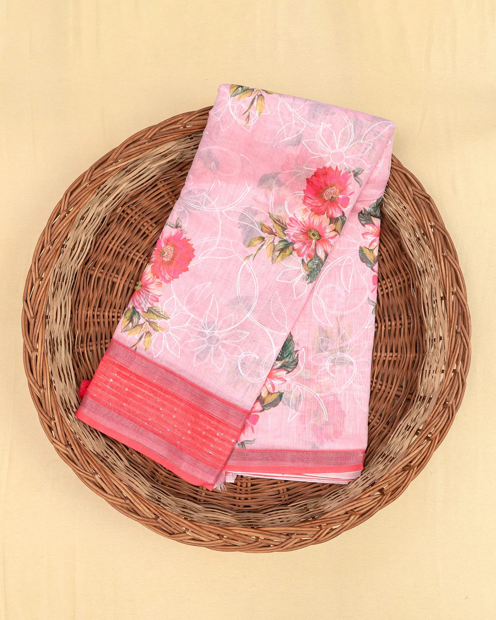 SC3146 - Linen Saree With Digital Print And Full Body Embroidery