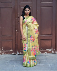 SC3164 - Tissue Saree With Digital Print And Gold Foil Over Butta