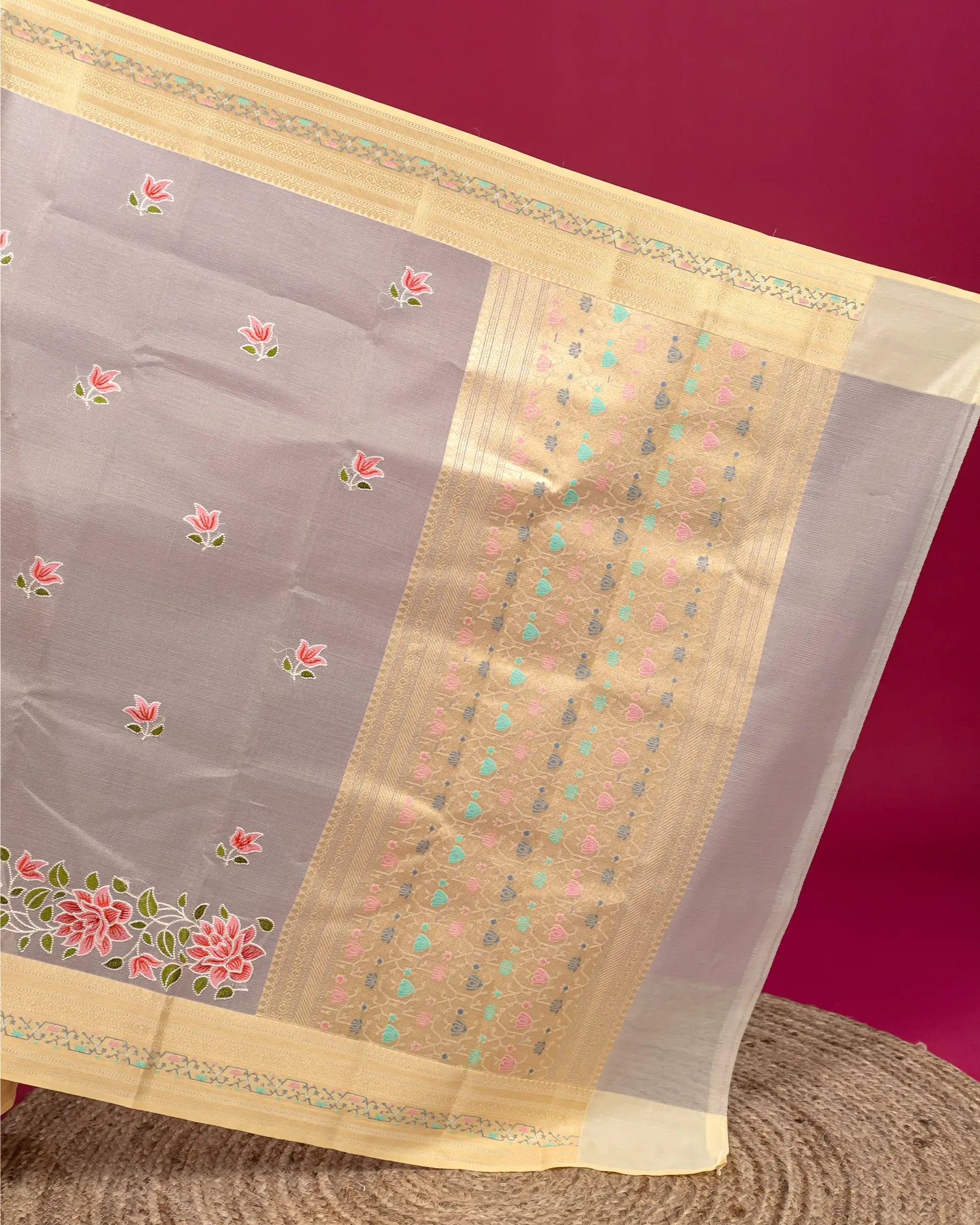 SC4063 - Tissue Saree With Rich Embroidery And Meena Butta Along Border