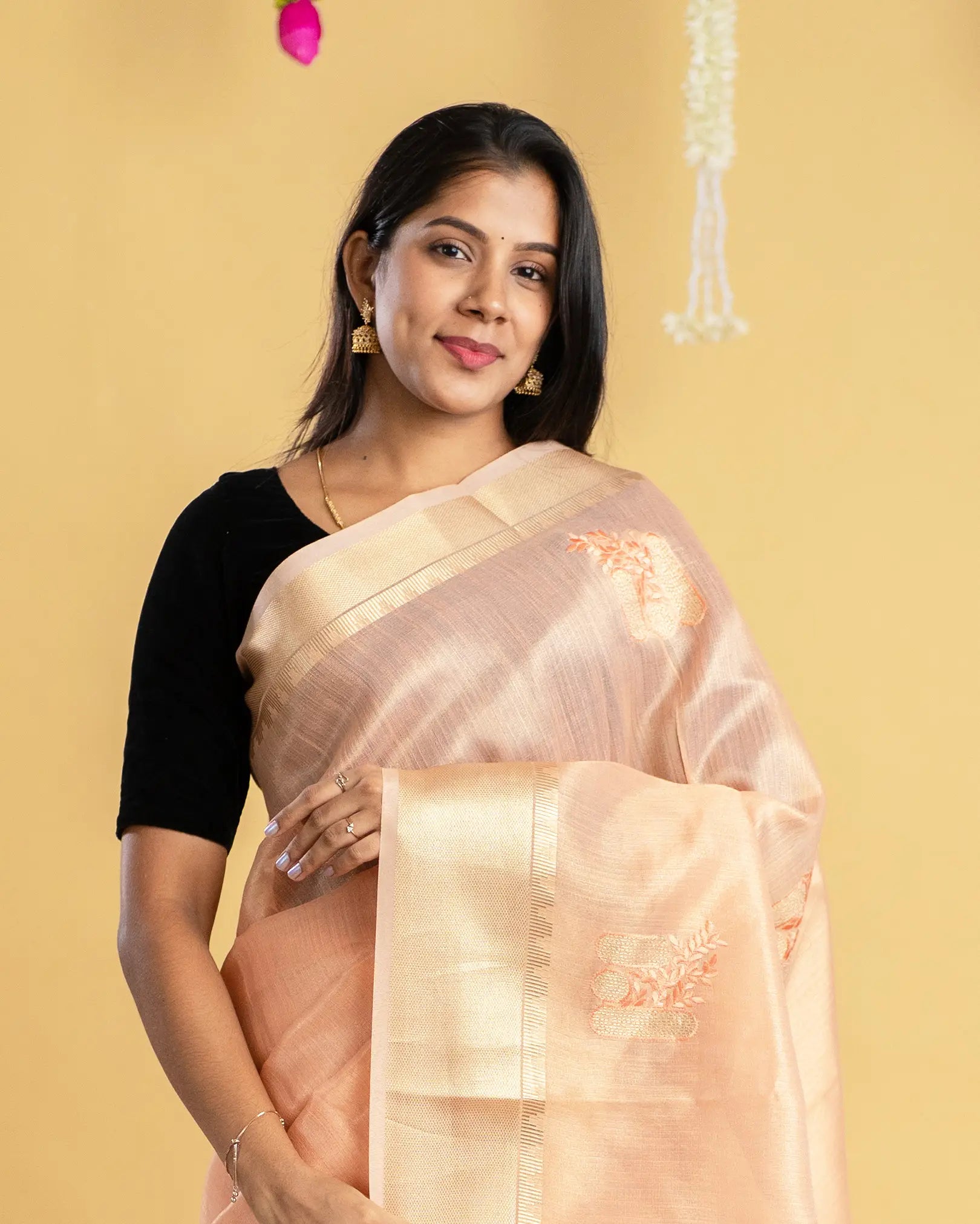 Tissue Linen Saree with Embroidery & Zari Thread Work