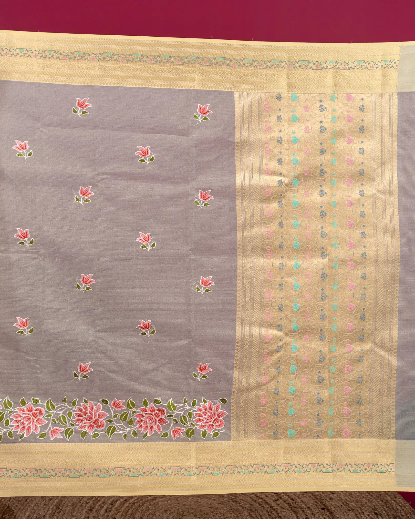 SC4063 - Tissue Saree With Rich Embroidery And Meena Butta Along Border