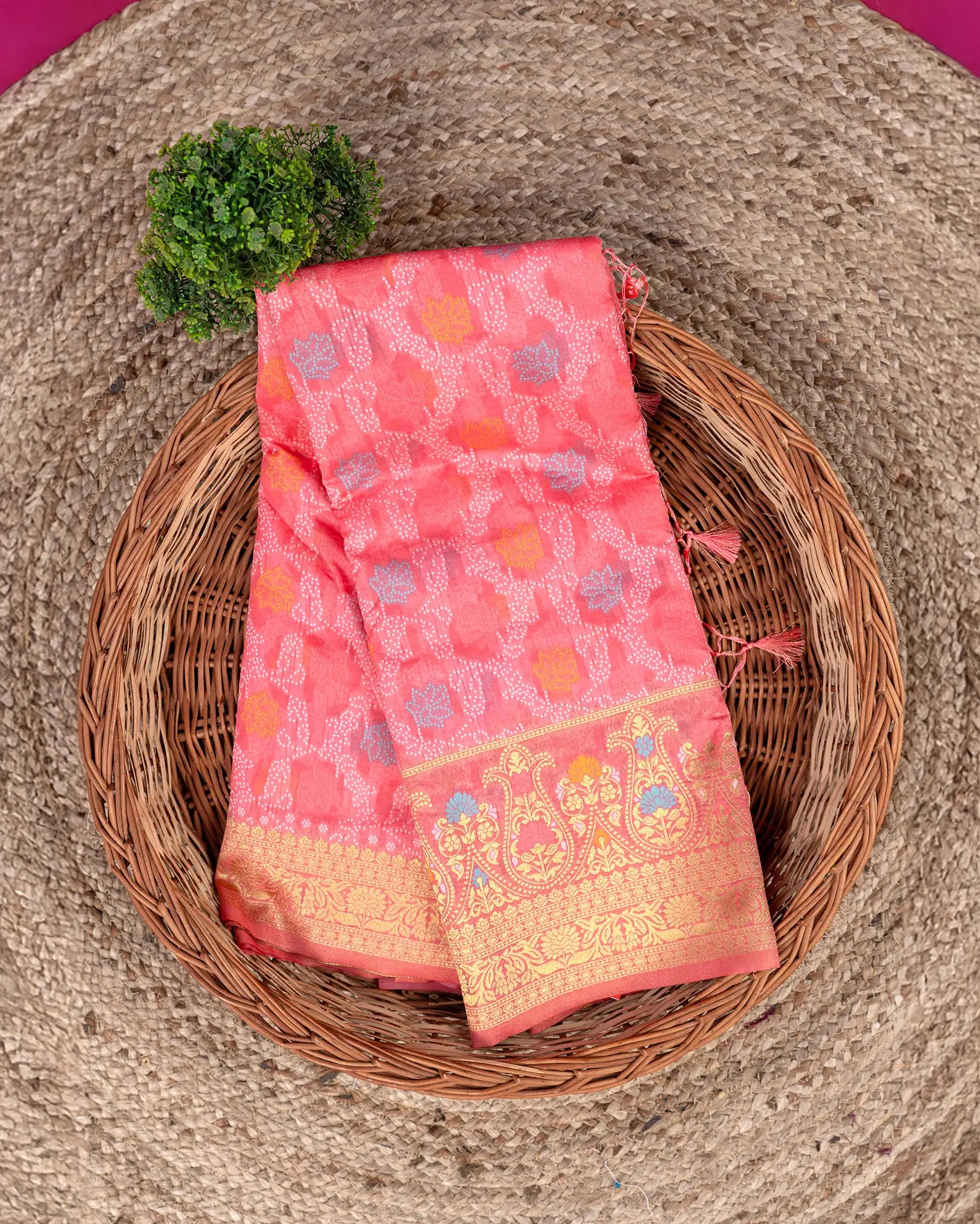 SC4001 - Georgette Material Bandhini Print With Gold Zari Saree