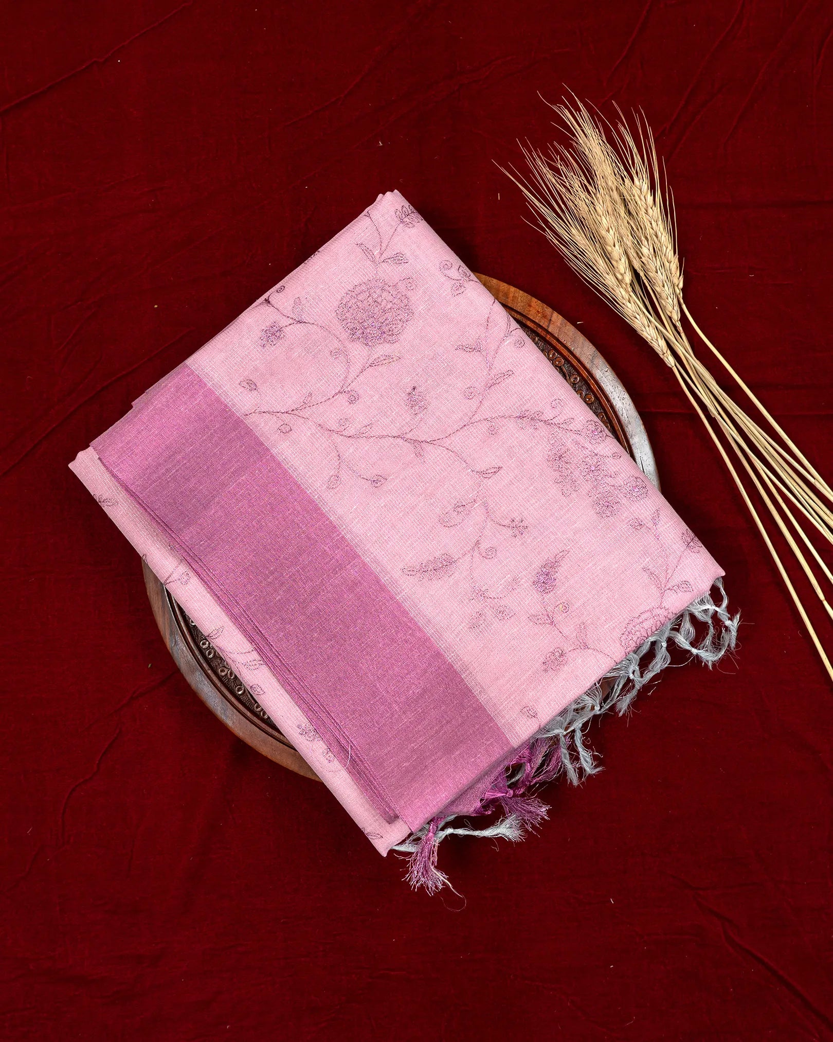 SC4000 - Tissue Linen Saree With Pink Embroidery All Over