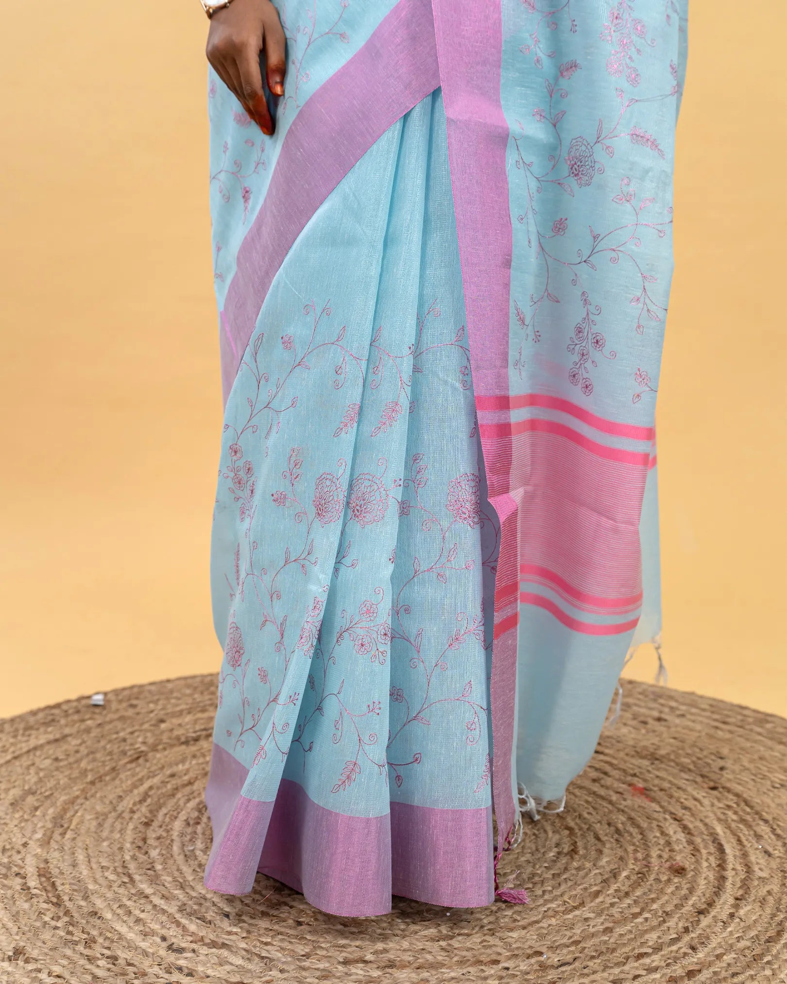 SC4000 - Tissue Linen Saree With Pink Embroidery All Over