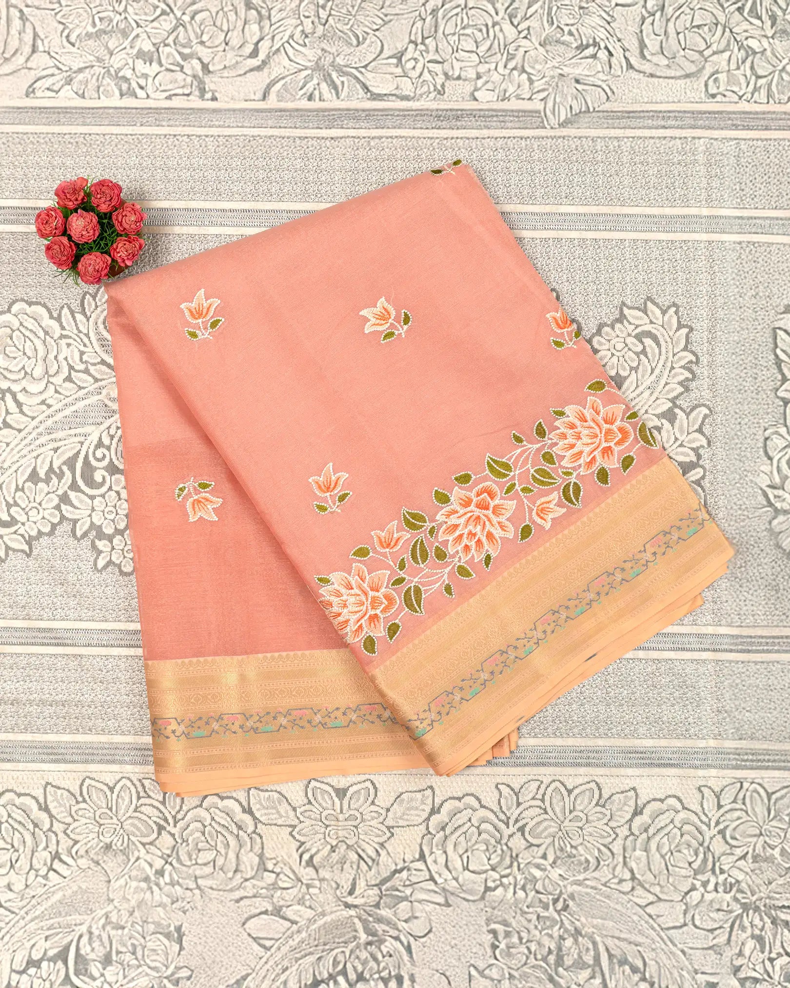 SC4063 - Tissue Saree With Rich Embroidery And Meena Butta Along Border