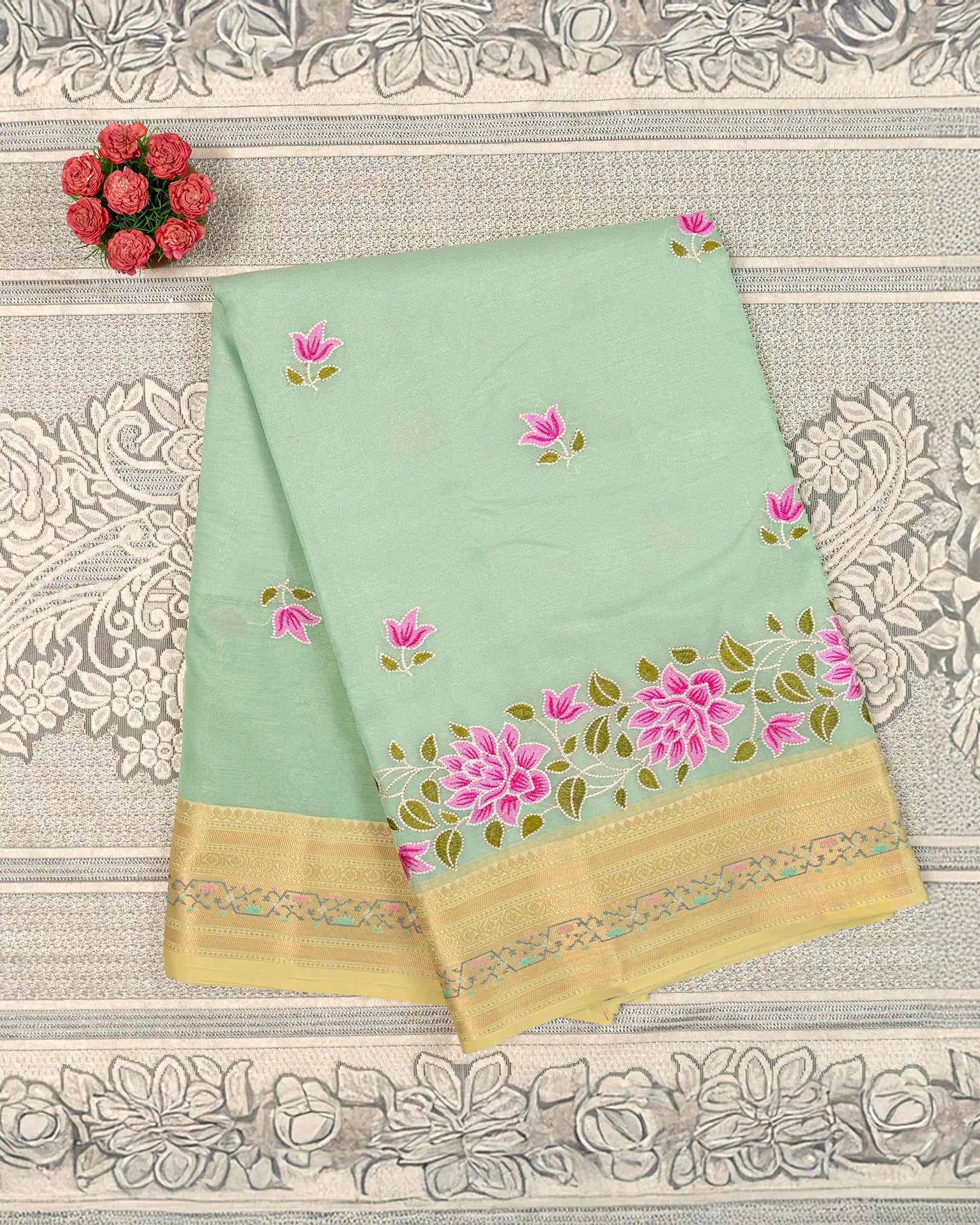 SC4063 - Tissue Saree With Rich Embroidery And Meena Butta Along Border