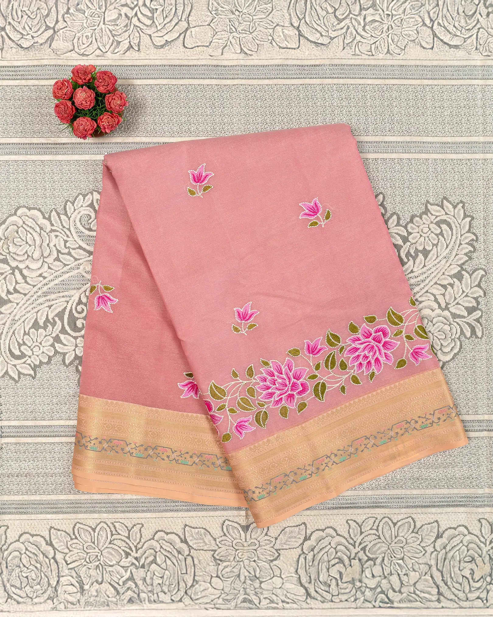 SC4063 - Tissue Saree With Rich Embroidery And Meena Butta Along Border