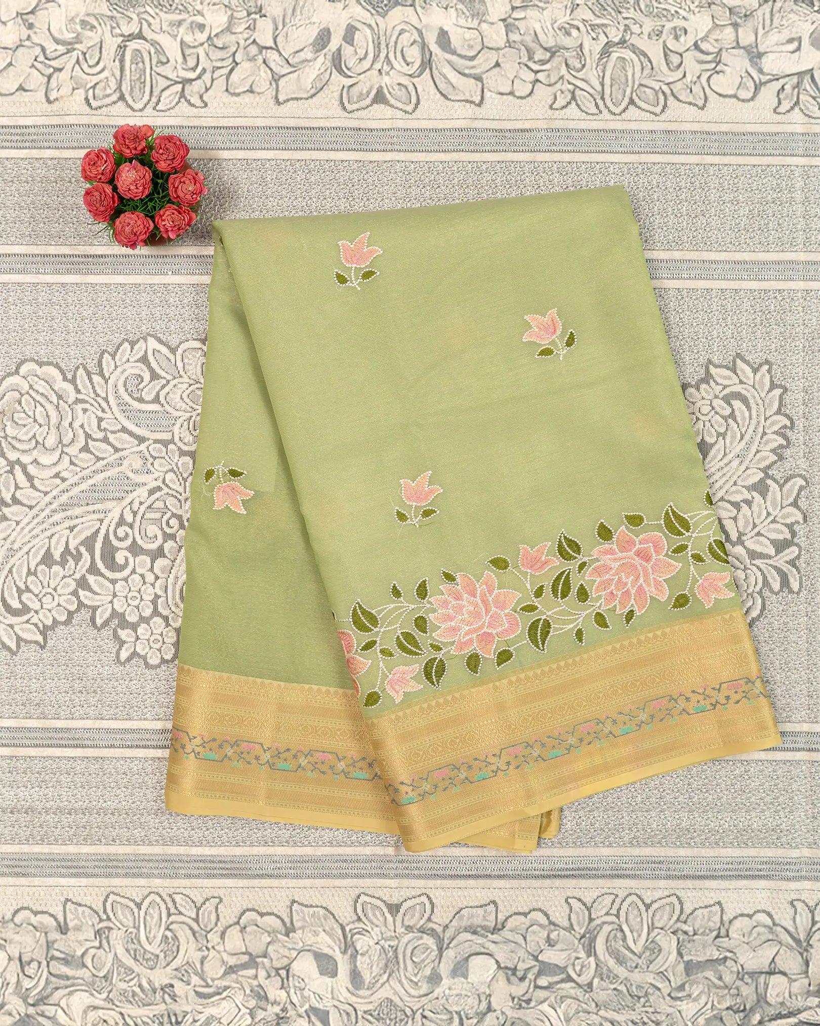 SC4063 - Tissue Saree With Rich Embroidery And Meena Butta Along Border