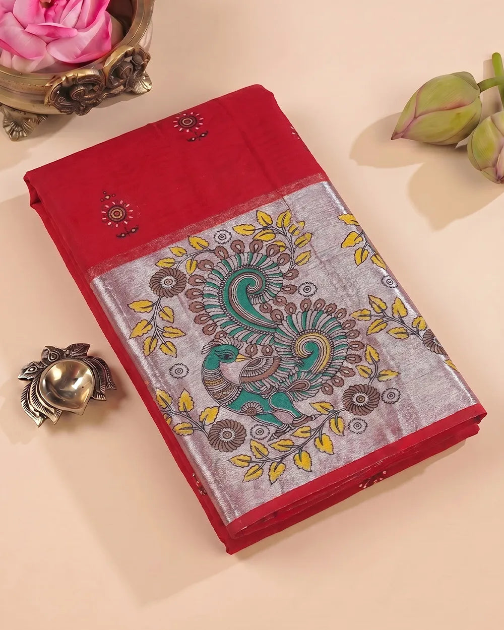SC7500 - KHADI COTTON WITH SILVER ZARI PEACOCK PRINTED SAREE