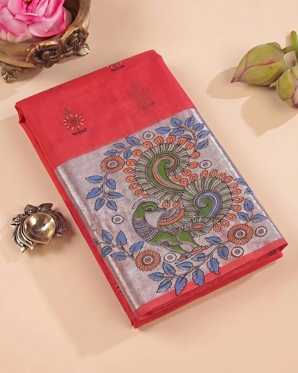 SC7500 - KHADI COTTON WITH SILVER ZARI PEACOCK PRINTED SAREE