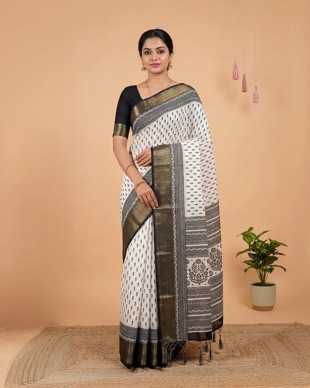 SC5734(1) - TRENDY DOLA SILK SAREE SMALL BUTTI WHITE WITH BLACK BORDER