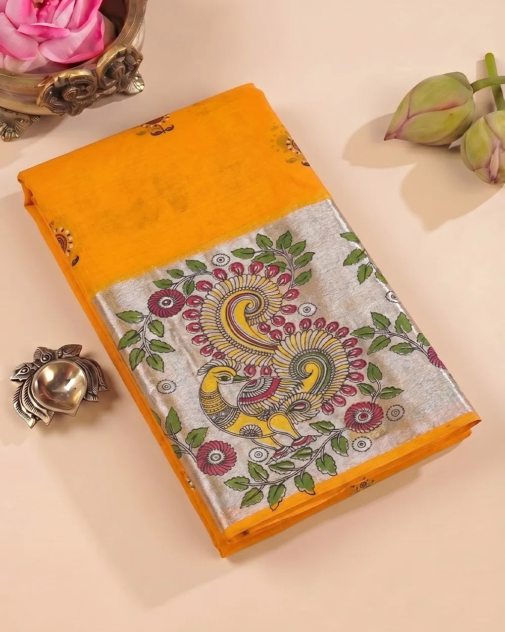 SC7500 - KHADI COTTON WITH SILVER ZARI PEACOCK PRINTED SAREE