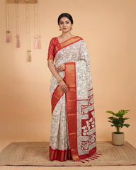 SC5734(2) - TRENDY DOLA SILK SAREE KODI FLOWER WHITE WITH RED BORDER